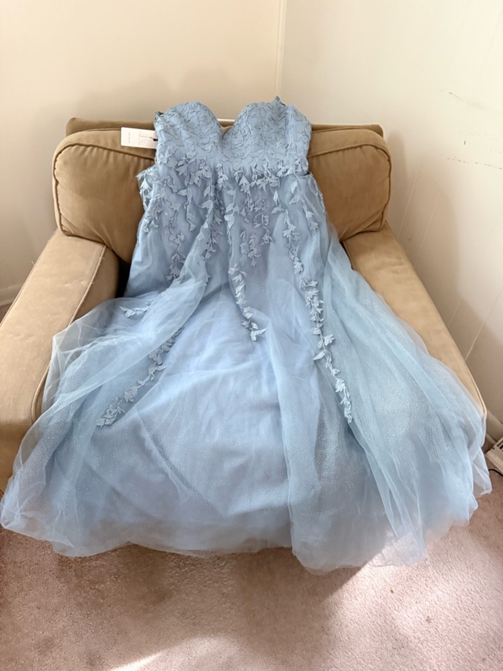Blue Tulle Embroidered Strapless prom Dress